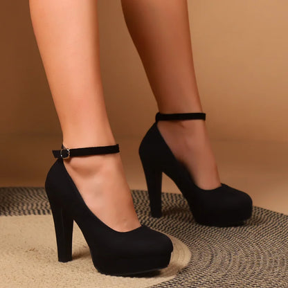 Spring Women Pumps Flock Sweet Thick High Heels Ankle Strap Female Platform Classic Round Toe Dress Cute Shoes Ladies Footwear