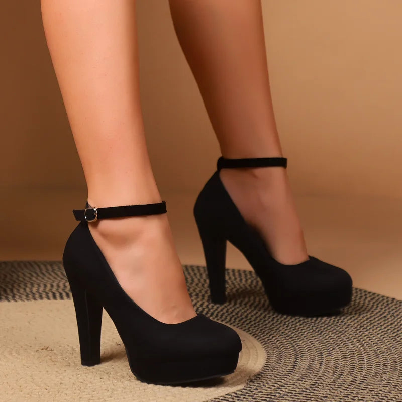 Spring Women Pumps Flock Sweet Thick High Heels Ankle Strap Female Platform Classic Round Toe Dress Cute Shoes Ladies Footwear