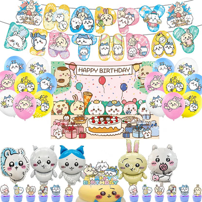 Chiikawa kawaii Happy Birthday Party Decorations Cute plate Banner Cake Topper Flag Balloons Disposable tableware Decorations