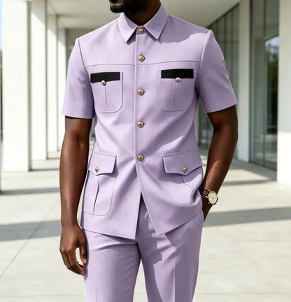 Luxury Men Suit Short Sleeves Safari Suit 2 Pieces Black Contrast Pockets Gold Button Business Wedding Party Casual Blazer Pants