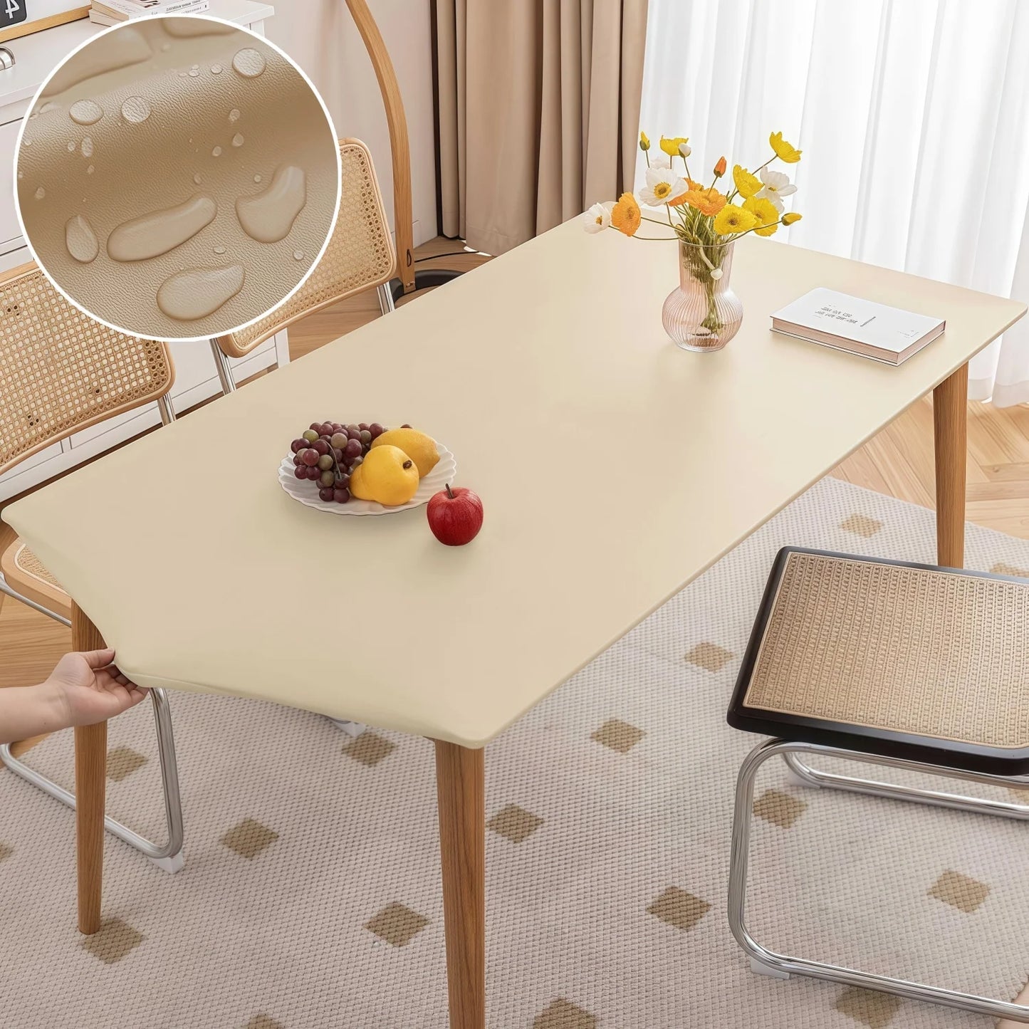 Waterproof Table Cloth Picnic Elastic PU Leather Fitted Edged Table Cloth Stretch Square/Rectangle Table Cover Wipe-Clean