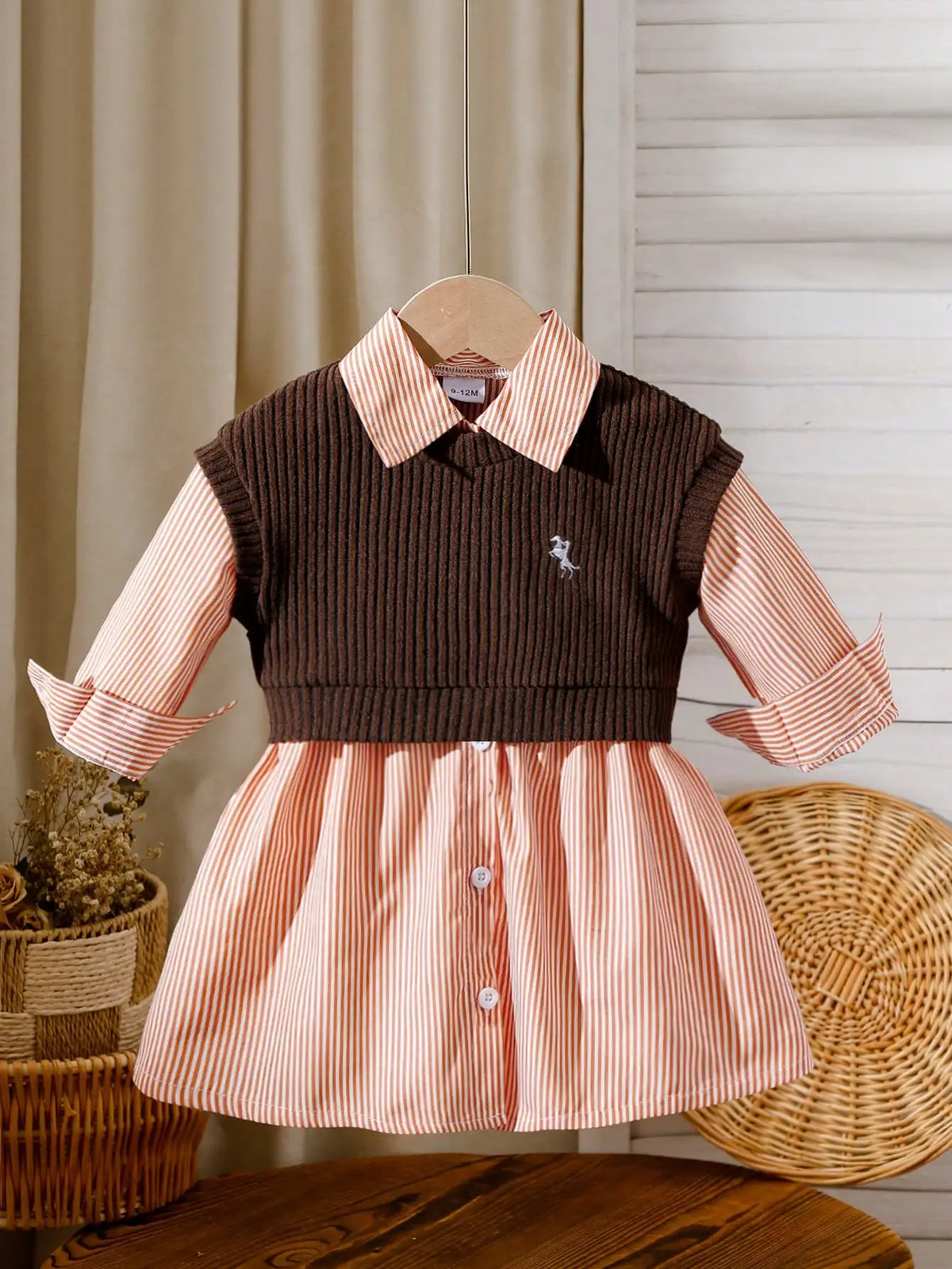 Two-piece baby girl embroidered vest and striped long-sleeved shirt dress for daily casual wear, versatile for spring and summer