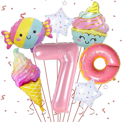 7pcs Ice Cream Balloons with 40 inch Number Doughnut Candy Dessert Food theme Aluminum Film Balloons Birthday Party Decoration