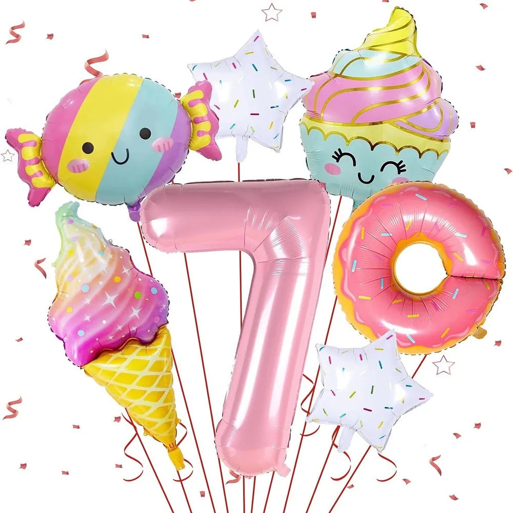 7pcs Ice Cream Balloons with 40 inch Number Doughnut Candy Dessert Food theme Aluminum Film Balloons Birthday Party Decoration