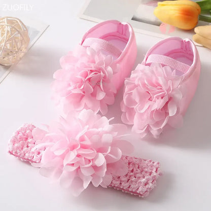 Spring Infant Baby Girl Shoes Newborn Lace Flowers Headband Anti-Slip Soft Sole First Walkers Toddler Kids Cotton Baptism Shoes