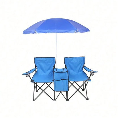 Portable Outdoor 2-Seat Folding Chair With Removable Sun Umbrella Blue, Camping Chair, Beach Essentials