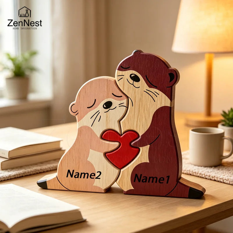 Cute Otter Family Wood Puzzle Ornament Red Heart Tabletop Decor Mother's Day Christmas Birthday Home Office Souvenir Gift