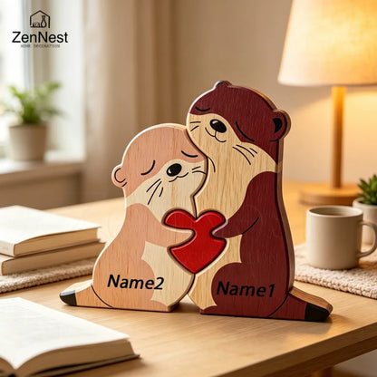 Cute Otter Family Wood Puzzle Ornament Red Heart Tabletop Decor Mother's Day Christmas Birthday Home Office Souvenir Gift