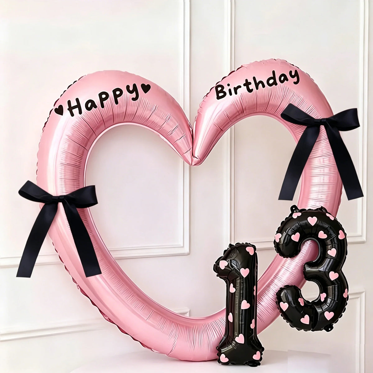 7Pcs 16inch Black Number Hollow-Out Heart Balloons and Heart Stickers Set, Includes 2 Number Balloons, 2 Stickers, 1 Glue Stick, 2 25cm Ribbons, for Birthday Parties, Wedding Anniversary Celebrations, Holiday Decorations