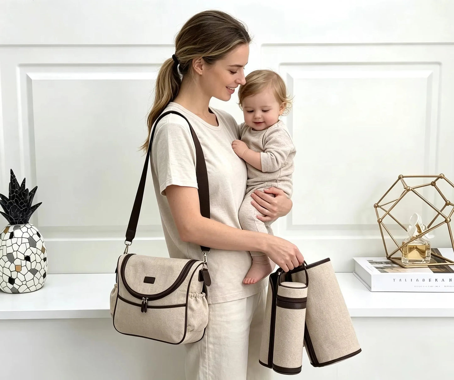 European & American Luxury Diaper Bag Kit wholesale Cross‑body Mommy Bag Bottle Insulator & Changing Mat for Family Outings