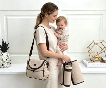 European & American Luxury Diaper Bag Kit wholesale Cross‑body Mommy Bag Bottle Insulator & Changing Mat for Family Outings