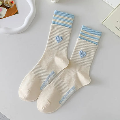New Women Socks Cute Love With Heart Print Sock Cotton Harajuku Vintage Happy Female Dots Heart Kawaii Sox White Pink Crew Sock