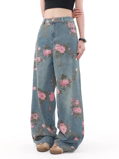 2026 Ropa Y2K Fashion Peach Blossom Printed Baggy Jeans Pants For Women Clothing Wide Leg Casual Lady Trousers Pantalon Femme