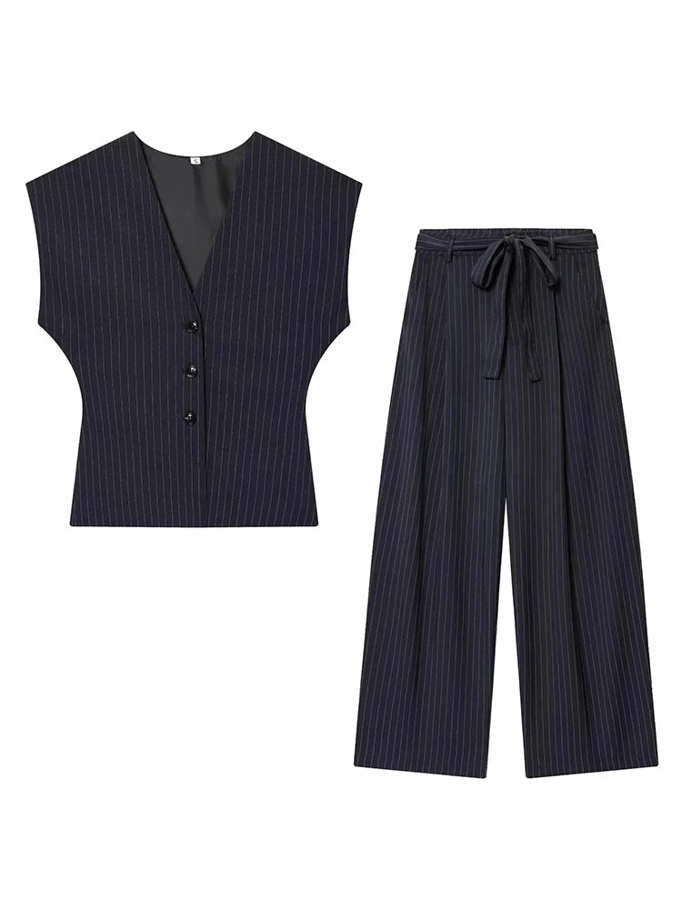 Women Fashion 2-Piece Set Single-breasted Sleeveless V-Neck Pinstripe Vest+Summer Pleated Loose Pocket Belt Zipper Pants