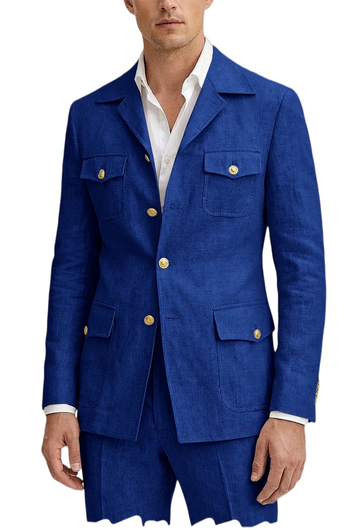 Men's Linen Suit 2 Piece Blazer Pants Set Multi-Pocket Safari Style Slim Fit Formal Business Casual Jacket Trousers for Summer
