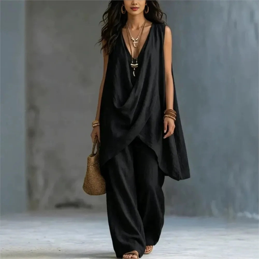 Women's Fashion Cotton Linen Irregular Sleeveless Long Tops 2-piece Set Spring Summer New Casual Wide-leg Trousers Female Suit