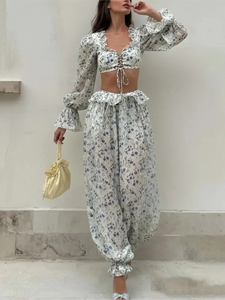 Fashion Long-sleeved Sexy Waist-baring Trousers 2-piece Set Women's Summer New Casual Simple Printed Shirt Trousers Suit Female