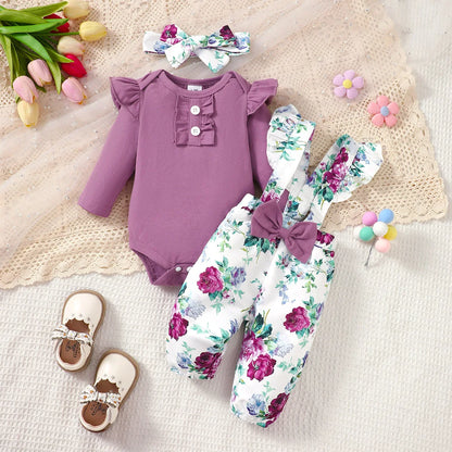 0-24 Months Newborn Baby Girl 3PCS Clothes Set Long Sleeve Romper+Flower Strap Pants+Headband Spring&Autumn Lovely Outfit