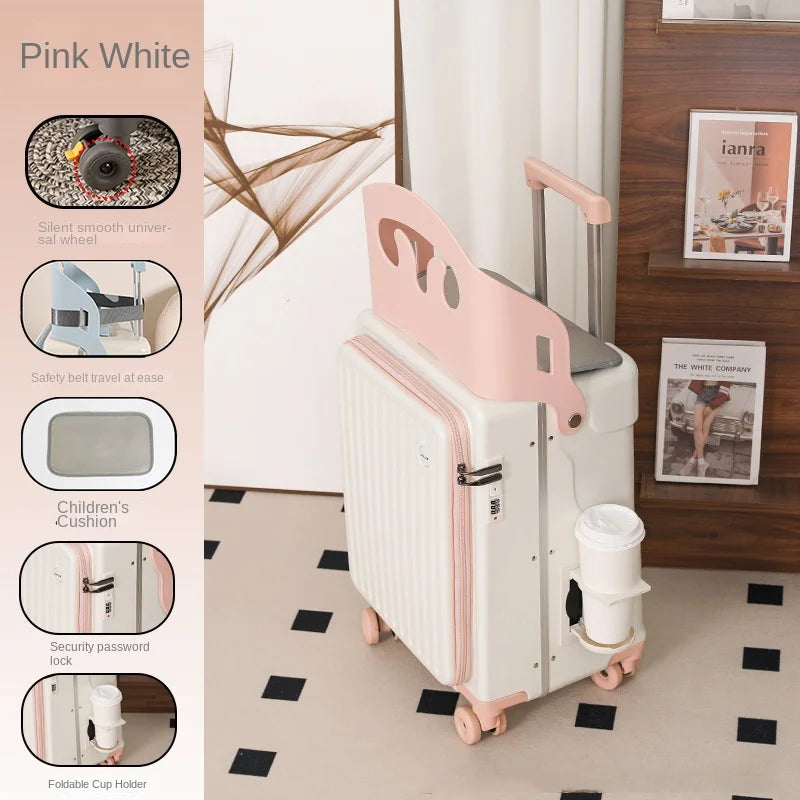 New Suitcase for Children Can Sit 20/22/24 Inch Ride on Luggage Front Opening Sturdy Thickened Travel Suitcase with Cup Holder