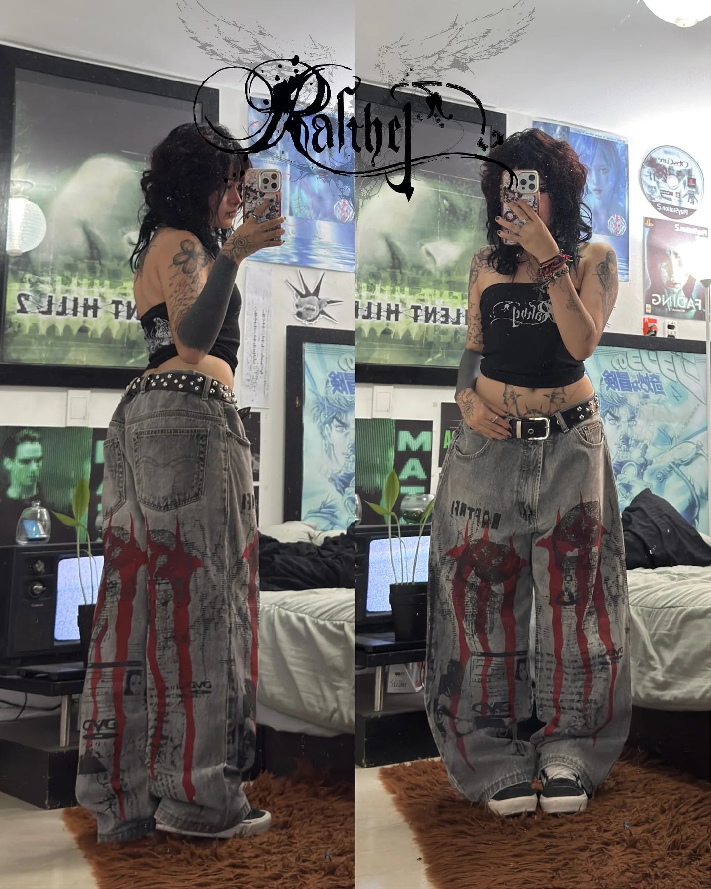 Y2K Gothic Punk Baggy Pants Women Red White Tribal Flame Print Wide Leg Trousers Vintage Grunge Streetwear Alt Clothing