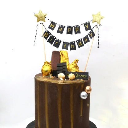 Happy Birthday Cake Flags DIY Gold Stars Bunting Banner Kids Adults Baking Decoration Baby Shower Party Supplies