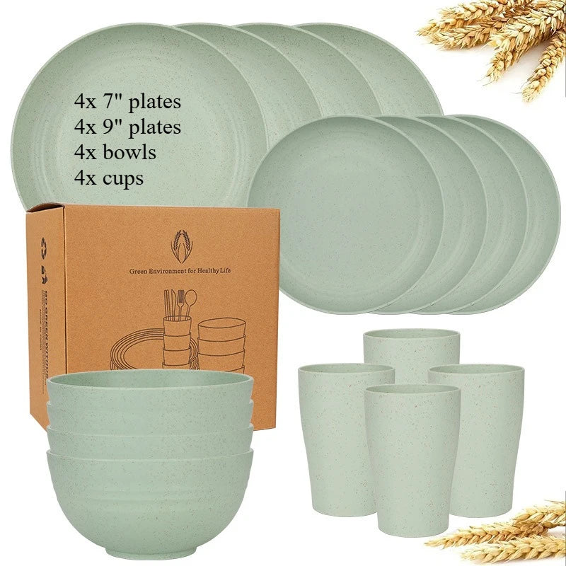 Natural Wheat Straw Tableware Set Dinnerware Sets Biodegradable Unbreakable Plates, Bowls, Cups Lightweight for Kitchen Camping