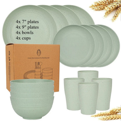 Natural Wheat Straw Tableware Set Dinnerware Sets Biodegradable Unbreakable Plates, Bowls, Cups Lightweight for Kitchen Camping