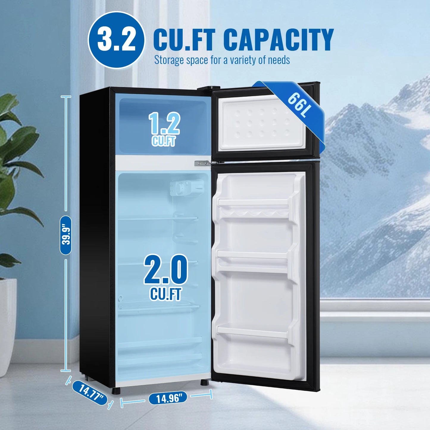Mini Refrigerator with Top Freezer 66 Liter Dual Door Small Refrigerator with 7-Level Adjustable Thermostat for Office, BLACK