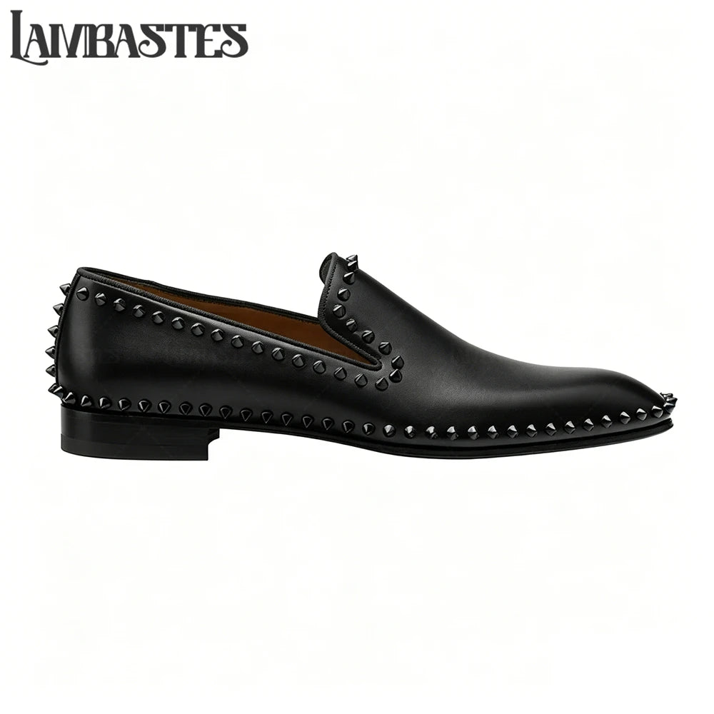 Metallic Stud Trimmed Mens Loafers Patent Matte PU Leather Slip on Shoes Edge Studded Accent Designer Style Formal Dress Shoes