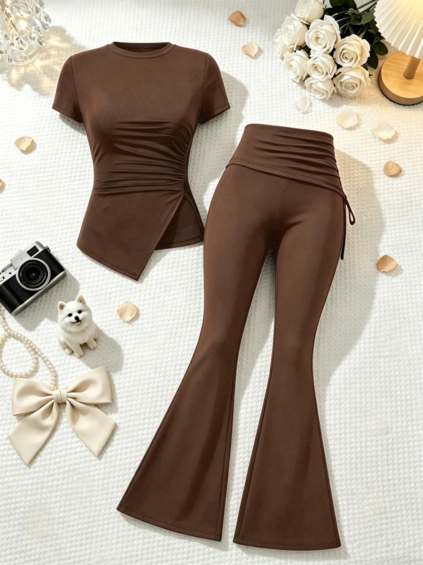 2 Pcs Women Crew Neck Side Ruched Split Hem Short Sleeve Tee High Waist Fold Over Side Drawstring Flared Pants Set Solid Black S