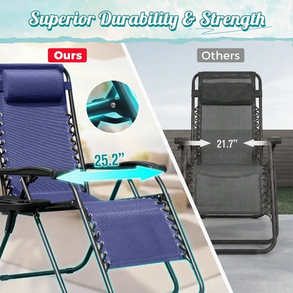 Zero Gravity Chair Patio Folding Lawn Outdoor Lounge Gravity Camp Reclining Lounge Chair With Cup Holder Pillows For Poolside Backyard And Beach Set Of 2 (Blue)