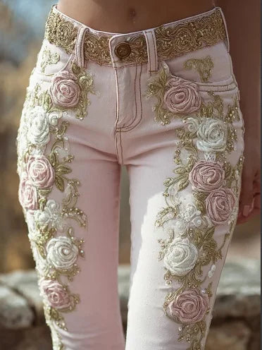Elegant Retro Denim Trousers For Women Spring Autumn Fashion New Sweet Pink Slim Fit Rose Embroidered Mid-waist Bootcut Pants