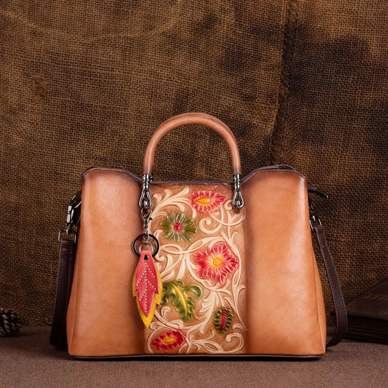 Vegetable-tanned genuine leather women's handbag, hand-embossed and colored crossbody bag, high-end single-shoulder bag