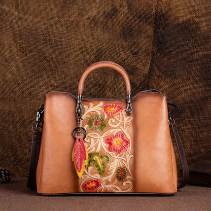Vegetable-tanned genuine leather women's handbag, hand-embossed and colored crossbody bag, high-end single-shoulder bag