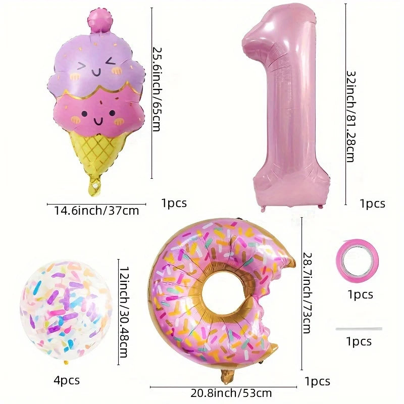 7-Piece Set of Cute Pink Donut Candy Foil Balloons 40inch Ice Cream Themed Birthday Party Scene Decoration Photo Props Indoor and Outdoor Decoration Cool Summer Gifts Anniversary Supplies, Halloween Decorations, Christmas Dec
