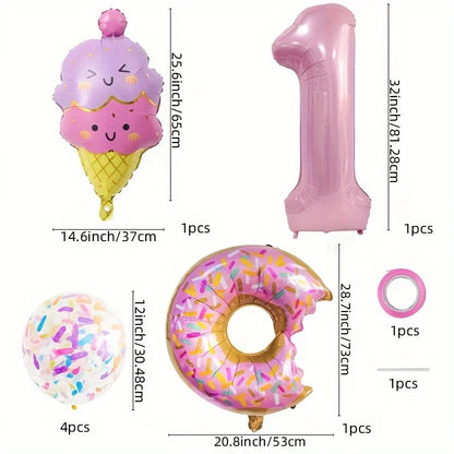 7-Piece Set of Cute Pink Donut Candy Foil Balloons 40inch Ice Cream Themed Birthday Party Scene Decoration Photo Props Indoor and Outdoor Decoration Cool Summer Gifts Anniversary Supplies, Halloween Decorations, Christmas Dec