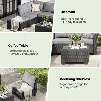 Farini Patio Sectional Sofa Set, Outdoor Furniture with Ottoman, Water/Oil/Stain-Resistant Fabric, Dark Gray Cushion + Gray Wick