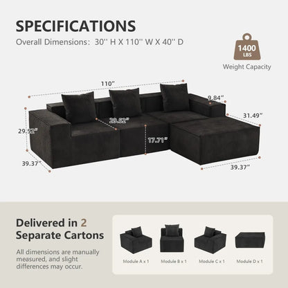 110” Sectional Couches for Living Room, 3 Seat Grey Corduroy Convertible Boneless Couches Sofa Bed with Pillows,, Customized