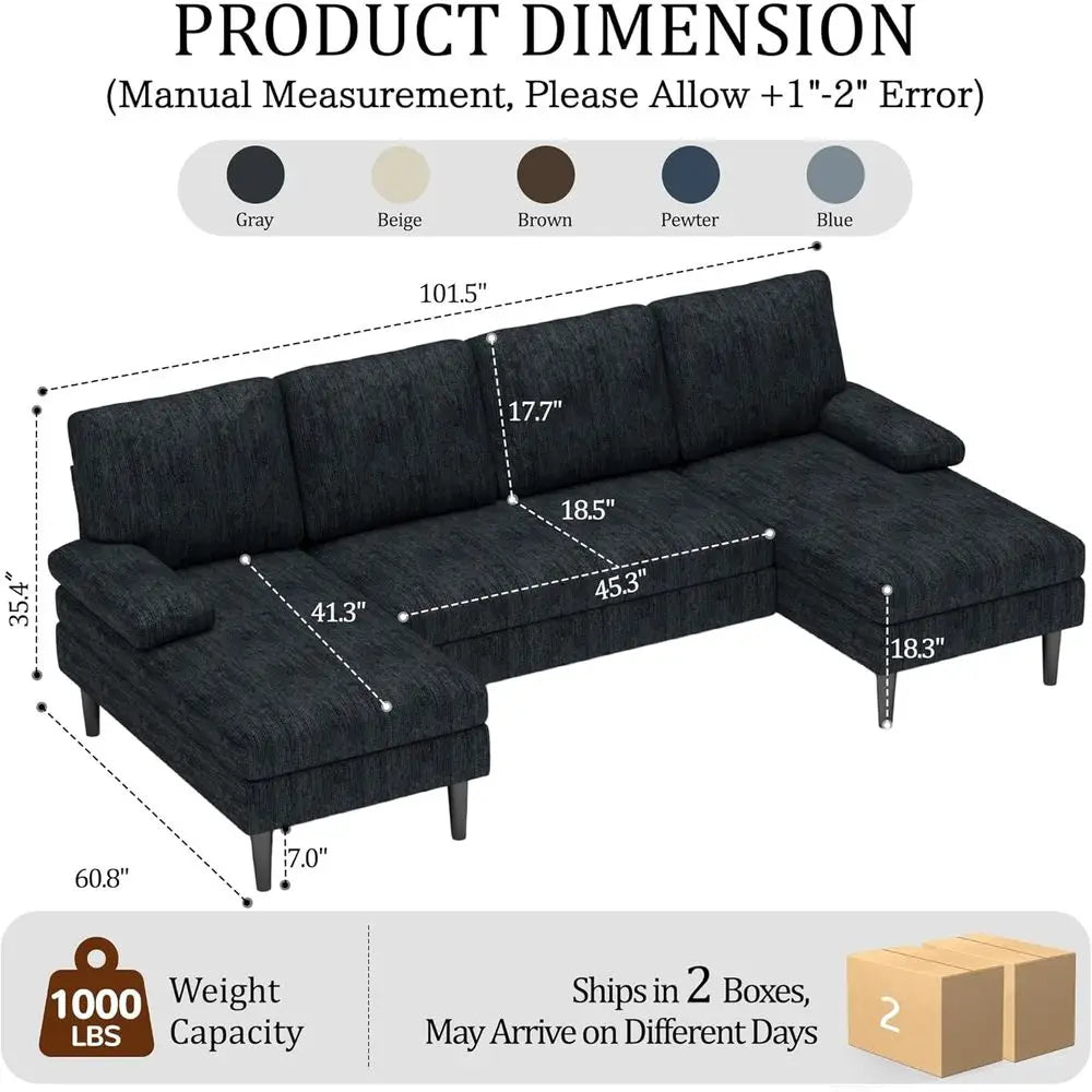 U-Shaped Sectional Couches or Living Room, 101 Inch ern ular Soa with Double Chaise Lounge, Comy Chenille abric 4-Seat Couch Set