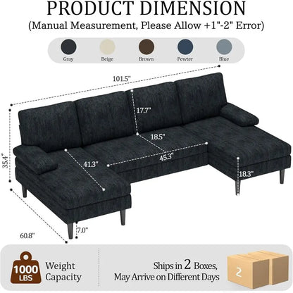 U-Shaped Sectional Couches or Living Room, 101 Inch ern ular Soa with Double Chaise Lounge, Comy Chenille abric 4-Seat Couch Set