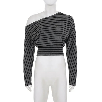 Women Summer 2 Piece Outfits Fall Stylish Long Sleeve Off Shoulder Striped Crop Tops and Elastic Waist Shorts Set Y2k Clothes