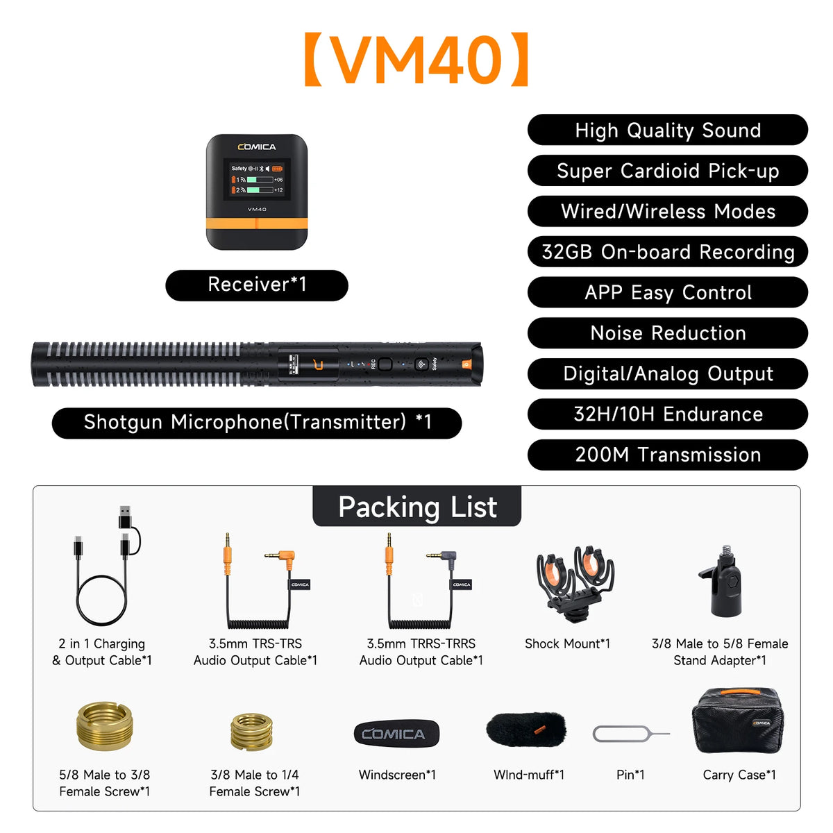 COMICA VM40 Super Cardioid 2.4G Wireless Shotgun Microphone 48kHz/32-bit 32GB Built-in Storage Mic for Camera,Smartphone,PC