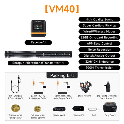 COMICA VM40 Super Cardioid 2.4G Wireless Shotgun Microphone 48kHz/32-bit 32GB Built-in Storage Mic for Camera,Smartphone,PC
