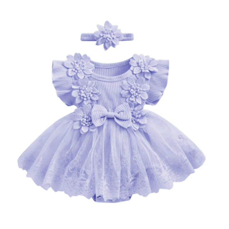Baby Girls' Floral Romper & Headband Set | Ruffle Details & Mesh Skirt | Birthdays, Portraits & Celebrations