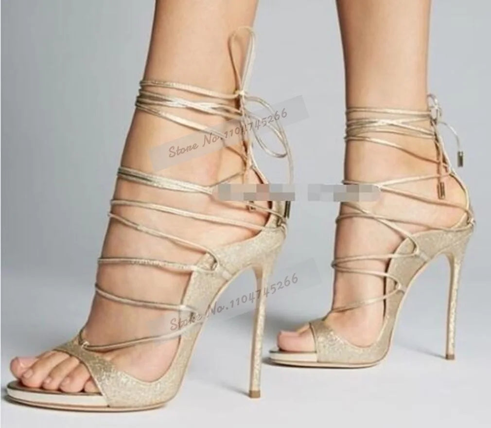 Ladies Sexy Black Gold Snakeskin Stiletto Heels Gladiator Sandals Lace-up Strappy Covered Heels Dress Pumps Python Printed Shoes