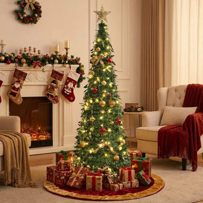 Pre-Decorated Pop-Up Christmas Tree Warm White Lights Gold Ornaments Folding Christmas Tree Easy Assembly Space-Saving