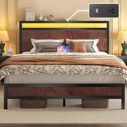 Fluest Queen Bed Frame with Headboard & Footboard, Bed Frame with Built-in Charging Station LED Light, Storage Shelf，Customized