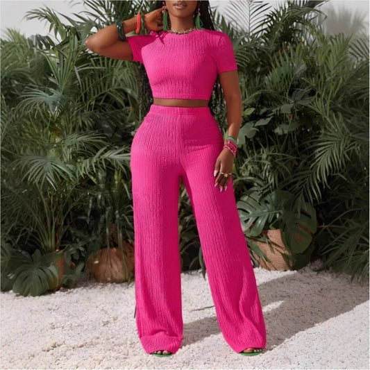 Casual Sports Set For Women Sexy Slim Short Sleeve O Neck Tops+High Waist Wide Leg Pants 2 Piece Sets Women's Clothing Holiday