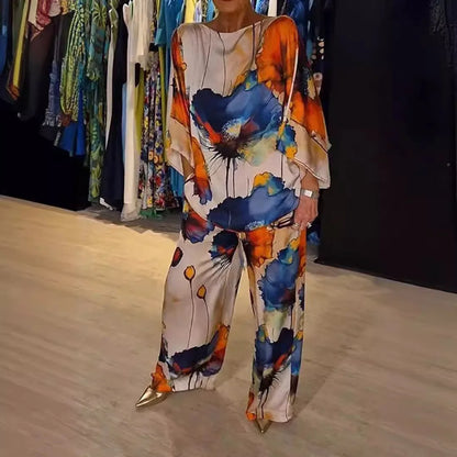 Casual Sets for Women 2 pieces Summer Fashion Printed Satin Two Piece Sets Women Sexy Round Neck Top+Wide Leg Long Pants Outfits
