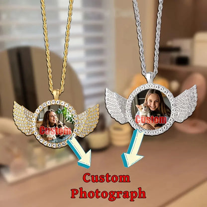 Custom Angel Wing Round Photo Necklace -Personalized Unforgettable memories Picture Pendant Jewelry Perfect for Anniversary Gift